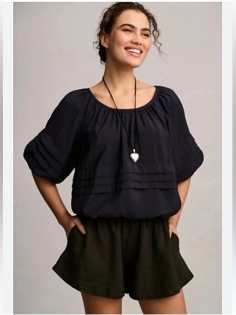 Anthropologie Navy Pintuck Puff-Sleeve Blouse - Picture 1 of 6